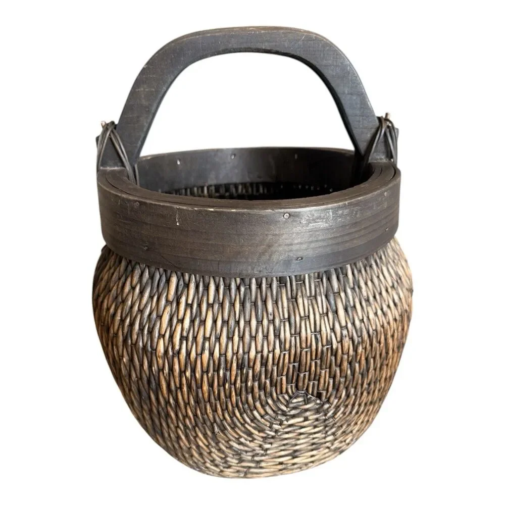 Antique Chinese Hand Woven Willow Rice Basket with Bentwood Handle